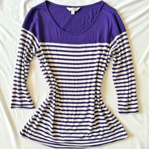 Charming Charlie Purple & White Striped 3/4 Sleeve Scoop Neck Top Size Large